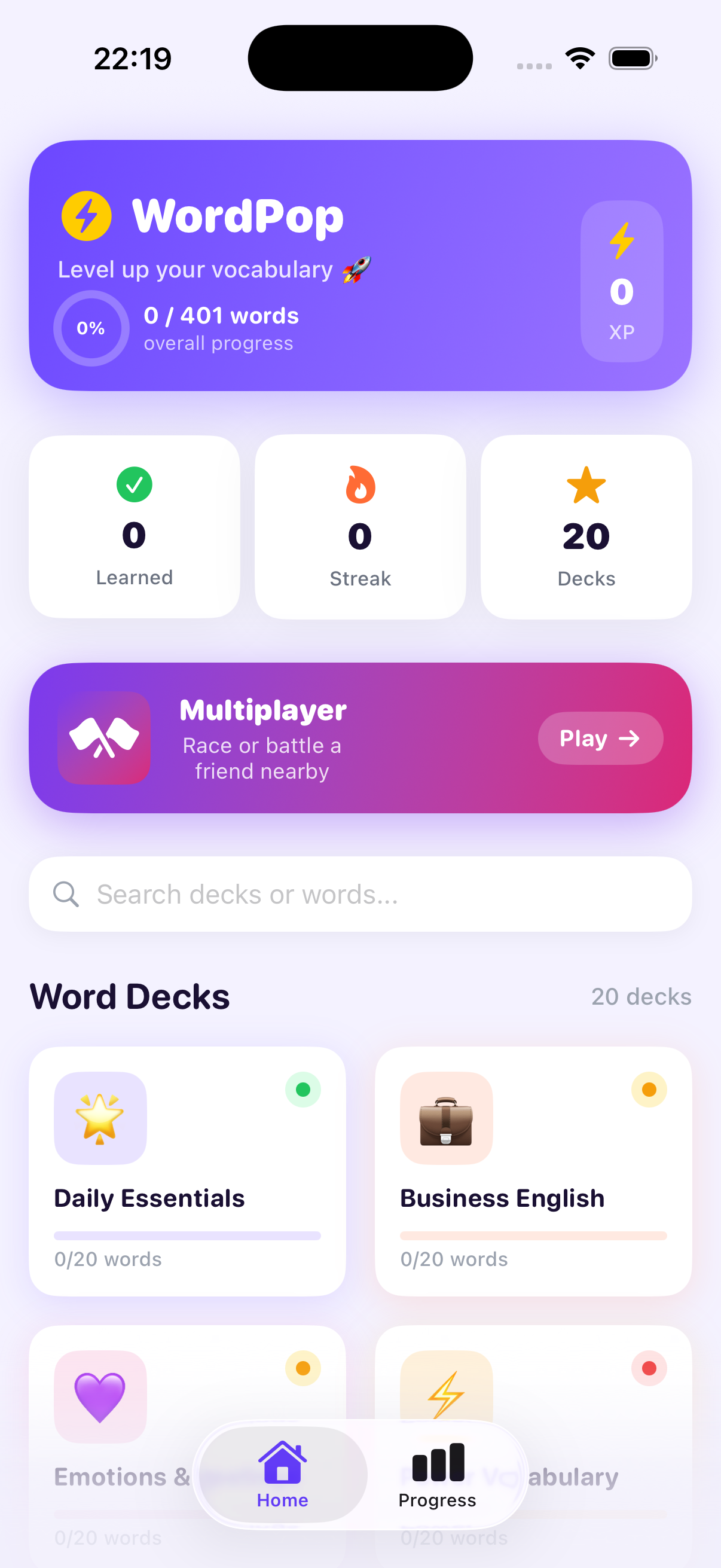 WordPopi — Home screen with Multiplayer and Word Decks