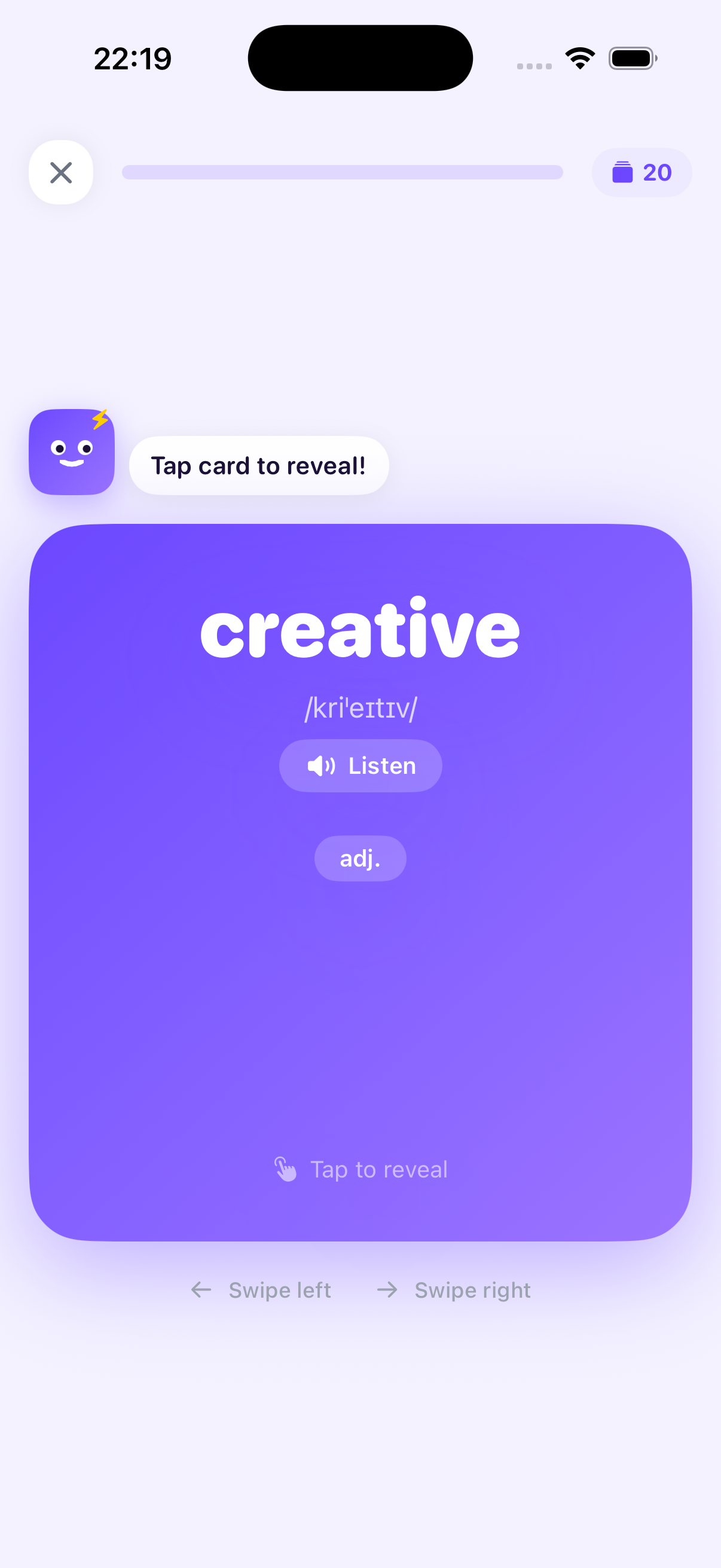 WordPopi — Flashcard front showing word to learn