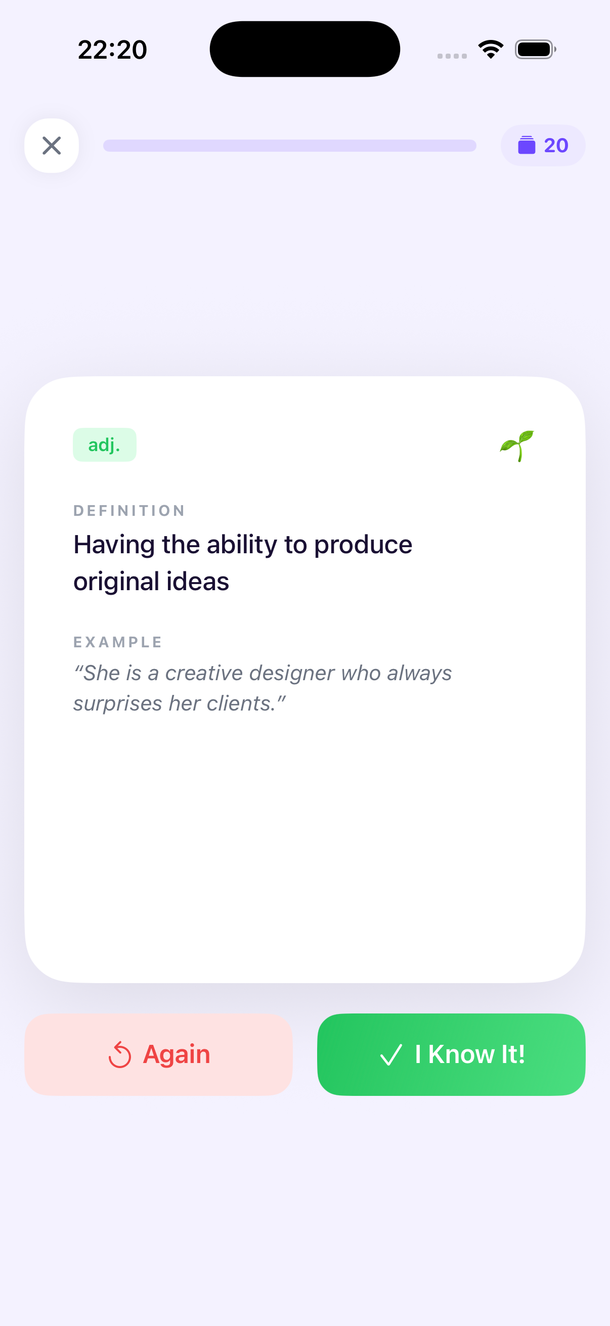 WordPopi — Flashcard back with definition and example sentence