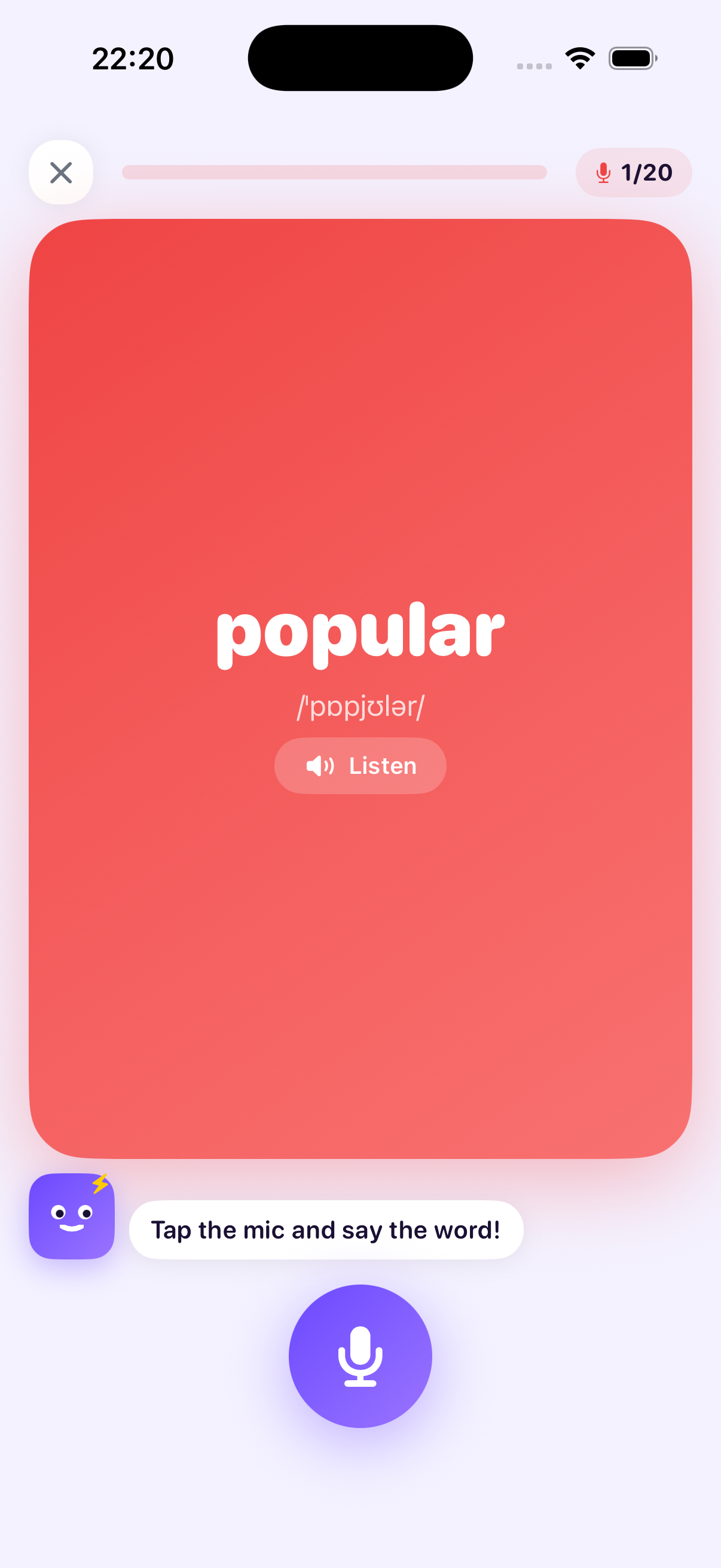WordPopi — Pronunciation mode with audio recognition